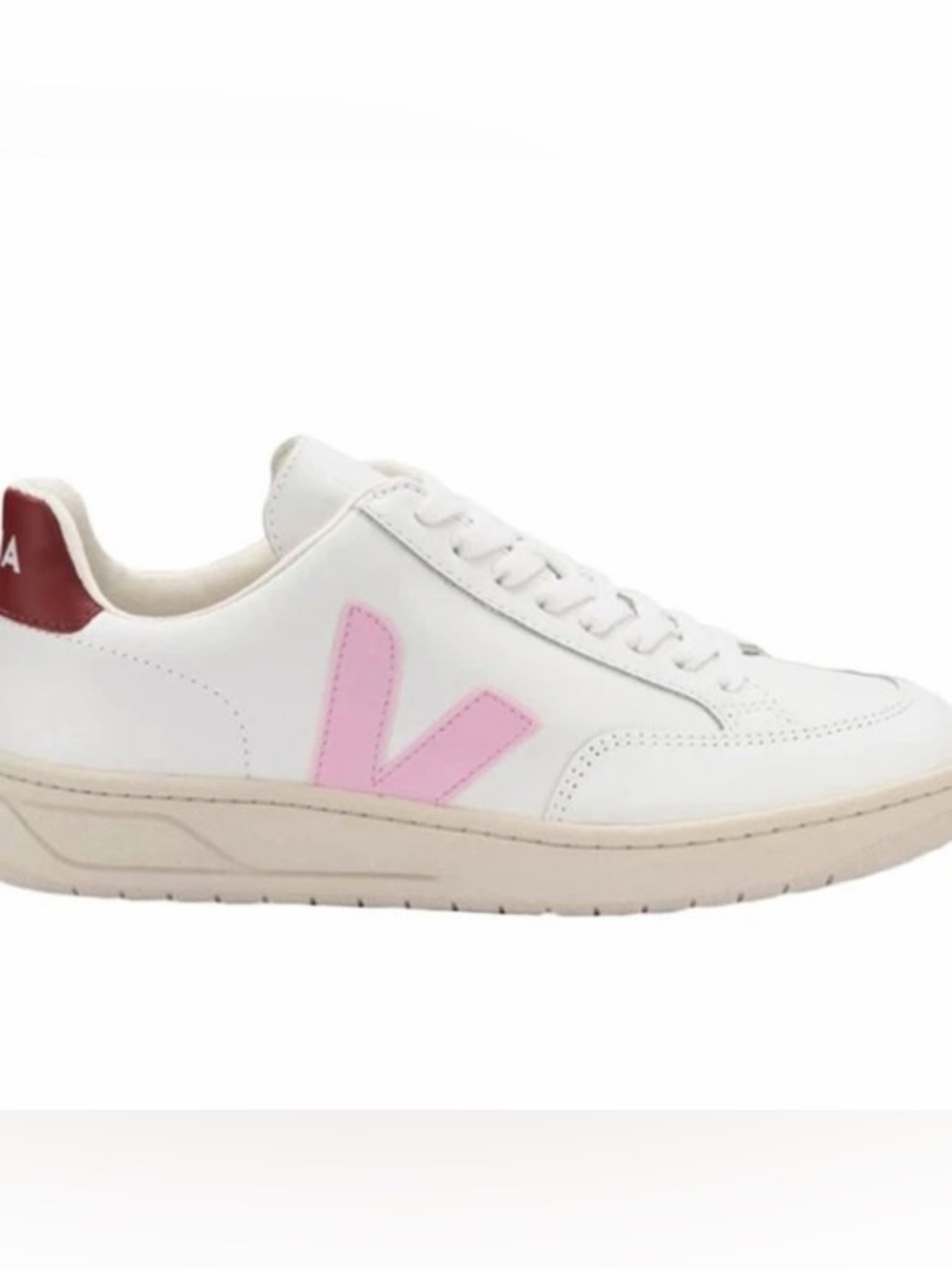 Veja White Leather Sneakers with Pink V Logo and Burgundy Heel